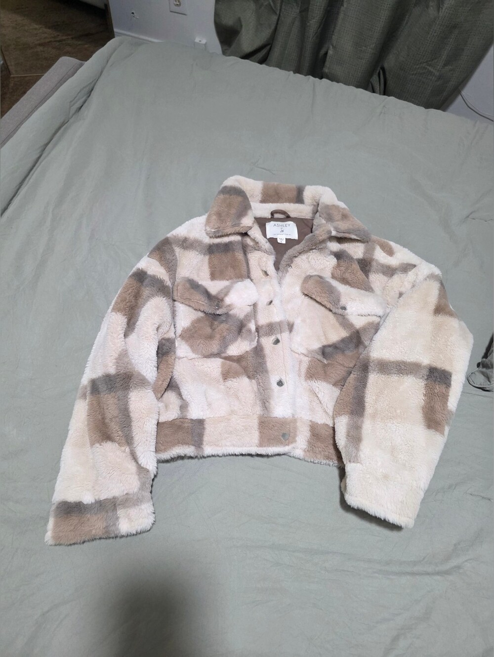Ashley By 26 International Plush Plaid Cropped Jacket in Cream and Tan